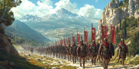 Roman soldiers in armor with red capes marching in line along rocky mountain path with peaks and forests in background. Generative by AI.