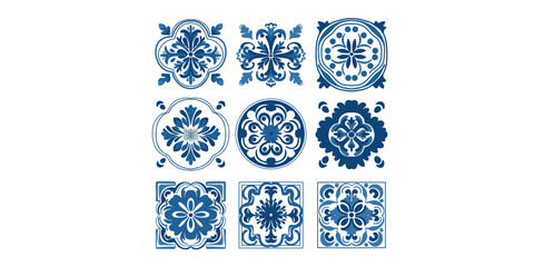 vector illustration of floral oriental vintage tile pattern azulejos in blue color