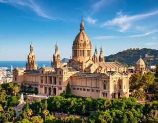 Majestic National Palace of Montju?c in Barcelona under blue sky with green trees