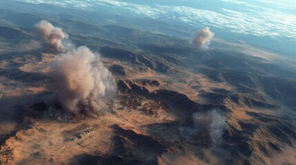 Aerial View of Airstrike Aftermath with Smoke and Cratered Terrain