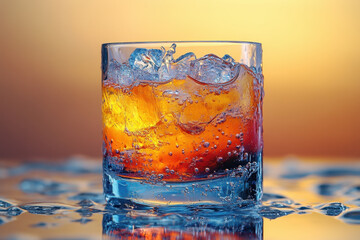 Glass of ice with ice cubes on table.