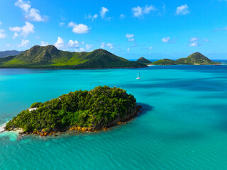 Antigua and Barbuda. West Indies. Caribs. Lesser Antilles. Atlantic Ocean. Incredible colors and views. Ocean view. Drone view. View from above. The most beautiful place in the world. Yacht. Sailing c