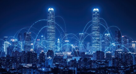 Night cityscape with glowing network connections