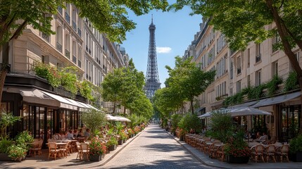Parisian street cafe scene with Eiffel Tower (1)