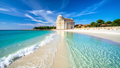 Coastal view of a beach and a church