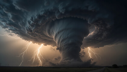 A powerful supercell thunderstorm creating a massive tornado funnel, with dramatic lightning illuminating the dark, stormy sky.