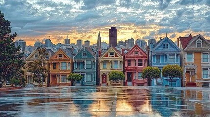 Colorful Victorian Houses with City Skyline at Sunset Reflections