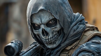 Grim Reaper Soldier: A chilling portrait of a soldier in a skull mask, wielding a rifle. The image evokes a sense of war, danger, and mystery.