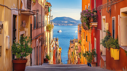 Amalfi coast town street view, Italian town on the sea, terraced houses decorated with flowers. Mediterranean travel concept