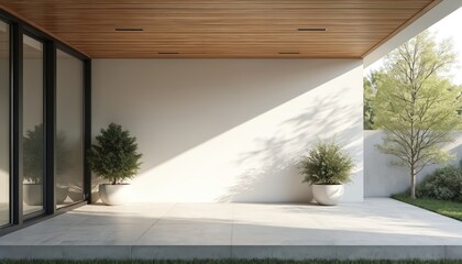 Modern minimalist patio with natural wood ceiling and white walls. Large windows offer garden view. Sunlight casts shadows on the floor. Clean, bright, zen-like outdoor living space.