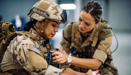 Military woman wearing helmet receives comfort and support from colleague. Her pensive expression conveys deep emotion, highlighting empathy and strong bond between female soldiers
