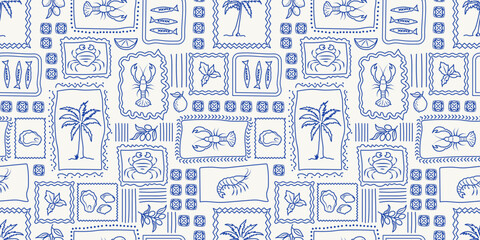 Tropical lobster seamless pattern, summer Italy vacation mood. Retro palm trees, sardines, lemon in the frames. Mediterranean wallpaper, cute geometric design, textile. Vector hand drawn art