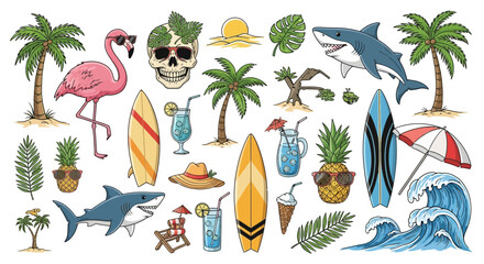 Vector SVG Illustration of Tropical Beach Scene with Palm Trees Surfboards Flamingo Shark and Ocean Waves in Flat Design Style