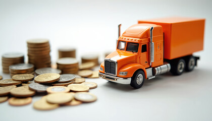 Orange miniature truck sits with stacks of coins. Symbolizes transport, logistics, and financial aspects of the trucking industry. Represents commercial distribution, cargo, and freight management.