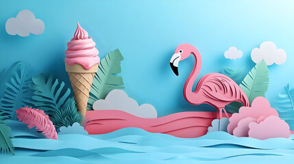 Abstract representation of the ocean resembling a dripping pink ice cream bar paired with a flamingo float, crafted in a layered paper cutout style, perfect for vibrant summer and vacation themes.
