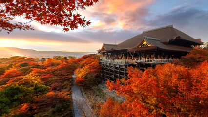 Scenic view of Kiyomizu-dera temple with beautiful foliage in autumn in Kyoto, Japan