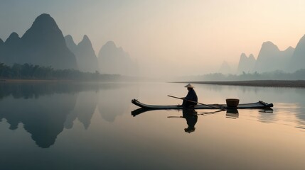 a man on a boat sails along a river among the mountains in china