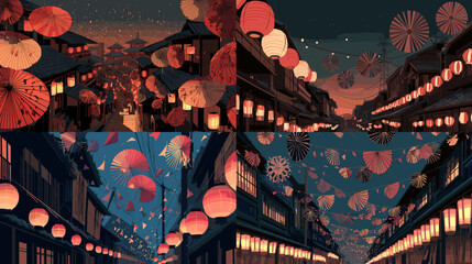 Beautiful illustrations of Japanese streets decorated with traditional lanterns and umbrellas during a nighttime festival atmosphere.