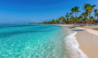 Pristine Caribbean beach scene. Turquoise water lapping gently onto a pristine white sand beach, lined with palm trees and beach umbrellas. A vibrant blue sky completes the tropical paradise
