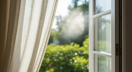 Sunlit open window with a sheer curtain featuring dust motes floating against a blurred green garden