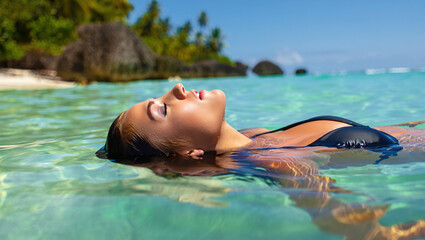 Young woman in swimsuit floating on her back in crystal clear turquoise waters off the coast of islands. island resort vacation