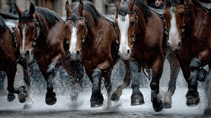 Group of racehorses running through water on a rainy day