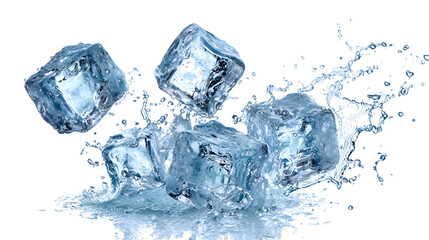 Cold flying ice cubes with splash effect, isolated on white