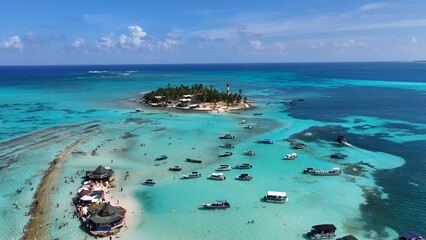 Aquarium Island In San Andres Providencia Y Santa Catalina Colombia. Tourists Enjoying A Sunny Day At A Caribbean Sea. Shore Sky Clouds Beach Sea. Outdoor Beach Panning Wide.