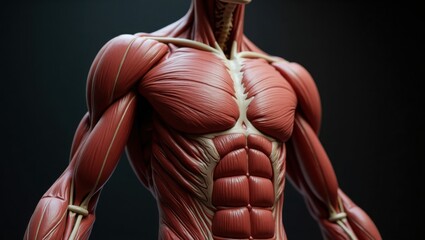 Detailed anatomical illustration of human musculature showcasing the chest and abdominal regions with incredible texture and detail