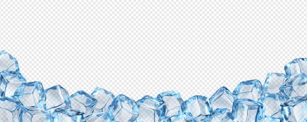 Realistic crystal ice cubes blocks frame background. Isolated 3d vector border of blue transparent frozen water pieces. Glass or icy solid lumps, template for drink ads with clean square blocks