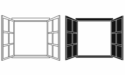 Vector set of open window frame icons in outline and silhouette solid style. Minimalist architectural element for infographics, home design, or construction illustrations.