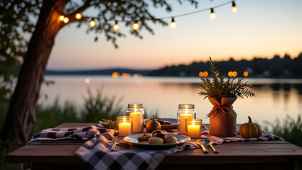 Cozy outdoor dinner table setting by the lake at sunset