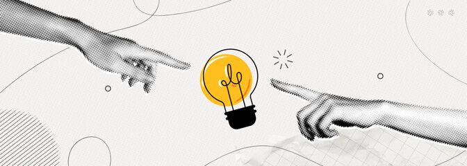 Trendy Halftone Collage Two Hands with lightbulb. Creative mind or brainstorm. Create creative idea concept. Business solutions. Think outside the box. Marketing time. Contemporary vector art