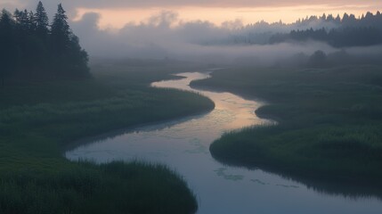 Serene river winding through a misty landscape.