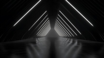 Dark tunnel with white neon lights and reflective floor black