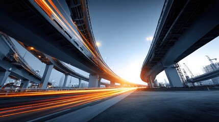Elevated Highway with Streaking Lights and Urban Infrastructure Showing Transportation and Modern Cityscapes at Dusk