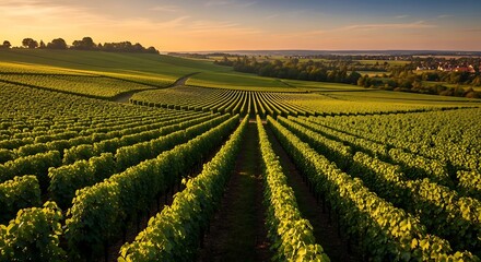 Aerial view of vineyard rows at sunset, showcasing agriculture and viticulture.