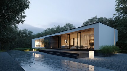 A sleek, modern house with large glass windows, nestled in a tranquil forest setting at dusk. The warm interior lights glow invitingly.
