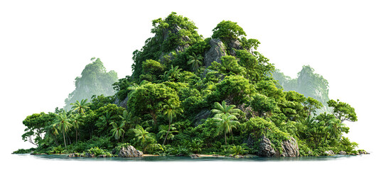 Tropical jungle island with dense green vegetation, isolated on transparent cutout background