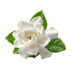 Isolated close up of a gardenia flower with water droplets and green leaves on black