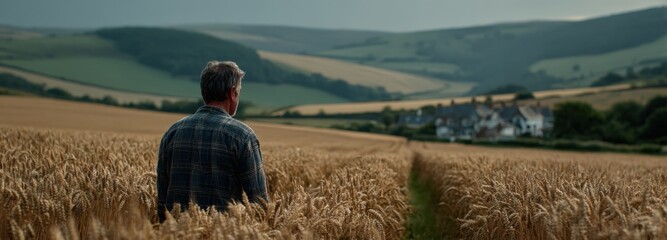 Man in flannel walks through ripening barley in East Anglia, late summer