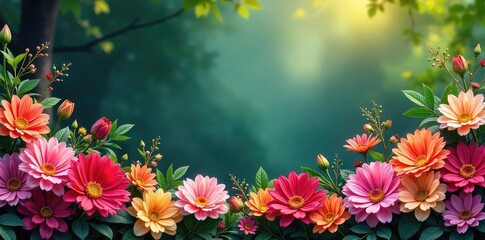 Vibrant blooms create a stunning natural border, bursting with color and texture Perfect for garden, landscaping, and nature themes Ideal for websites, blogs, and publications , blooming, flower bed