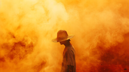 Bathed in the golden haze, she stands where water meets fire in the sky.