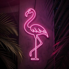 Bright pink flamingo neon sign glowing on a wall at night