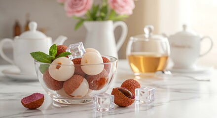 Lychees in Glass Bowl with Ice Cubes and Mint Leaves on Marble Countertop with Tea Set in Background