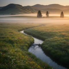 Serene Morning Mist Gently Flows Through a Lush Green Meadow with a Winding Stream Under Golden Sunrise Light
