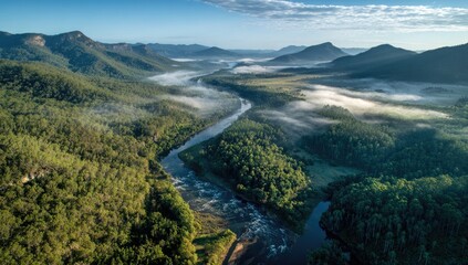 Misty river valley, aerial view. Lush green forests meet a winding river, blanketed in morning mist