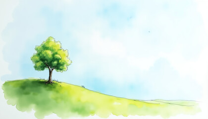 Green tree standing alone on a grassy hill under a blue sky 