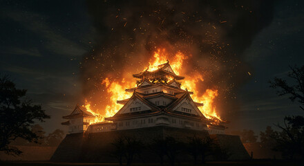A dramatic scene of a japanese castle engulfed in flames at night with sparks flying around it