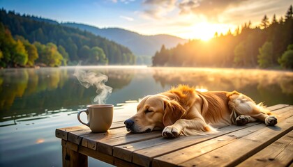 Golden Retriever sunset lake nap.